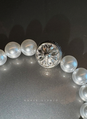 david 925实心纯银珍珠手链 十字架浮雕全手工珍珠手串 情侣手链