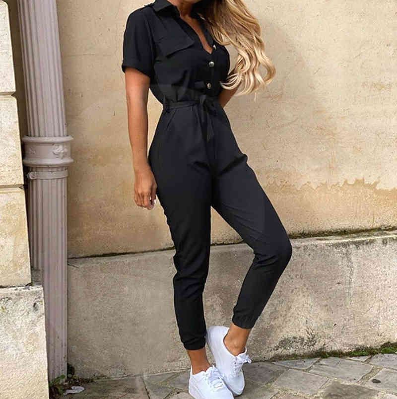 Overalls Short Sleeve Office Lady One Piece Romper Belt - 图2