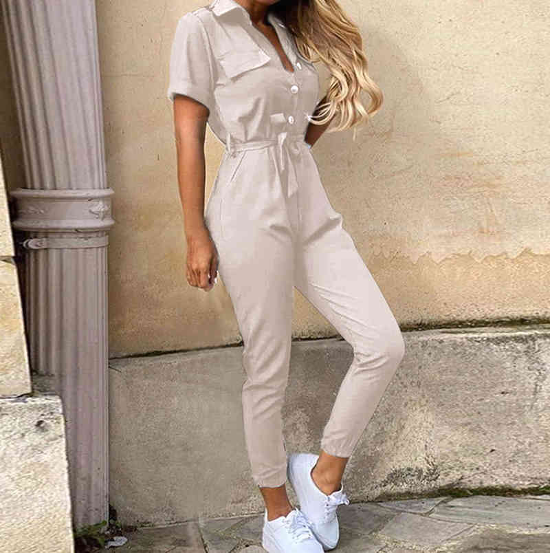 Overalls Short Sleeve Office Lady One Piece Romper Belt - 图1