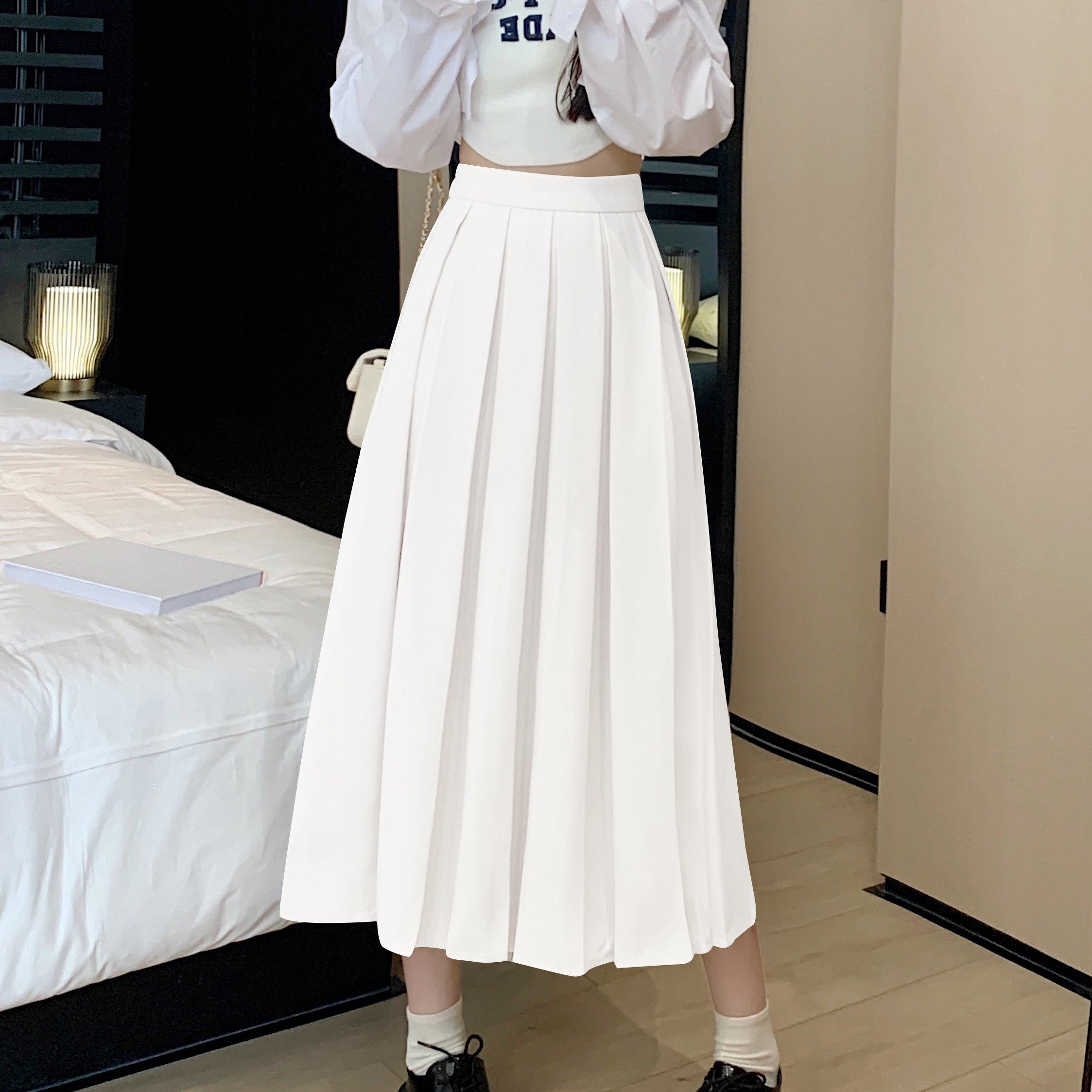 实拍早秋百褶裙胖MM减龄A字裙别致设计感半身裙夏季中长裙纯色,淘宝优惠券,粉丝福利购,淘宝优惠卷