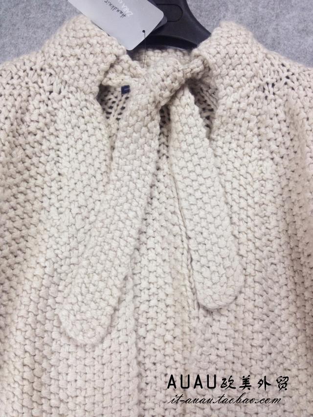 A字型羊毛粗棒针针织宽松短款宽袖蝴蝶结斗篷式开衫外套