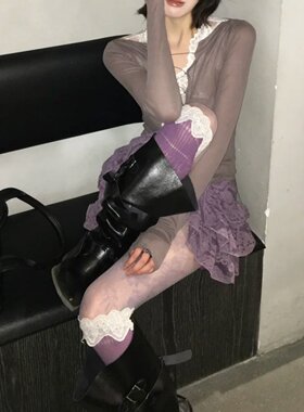 蕾丝花边甜美镂空菱格过膝大腿袜