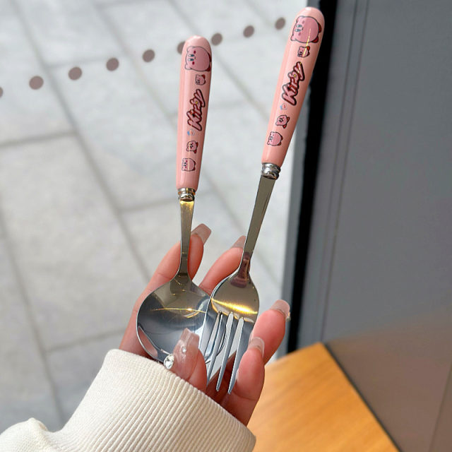 Spoon fork cute cartoon ceramic handle stainless steel