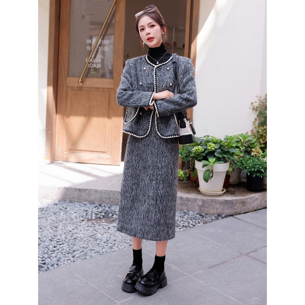 官网女装夏易菲2026年秋季上新圆领小香风毛呢套装时尚包边外套开,淘宝优惠券,粉丝福利购,淘宝优惠卷