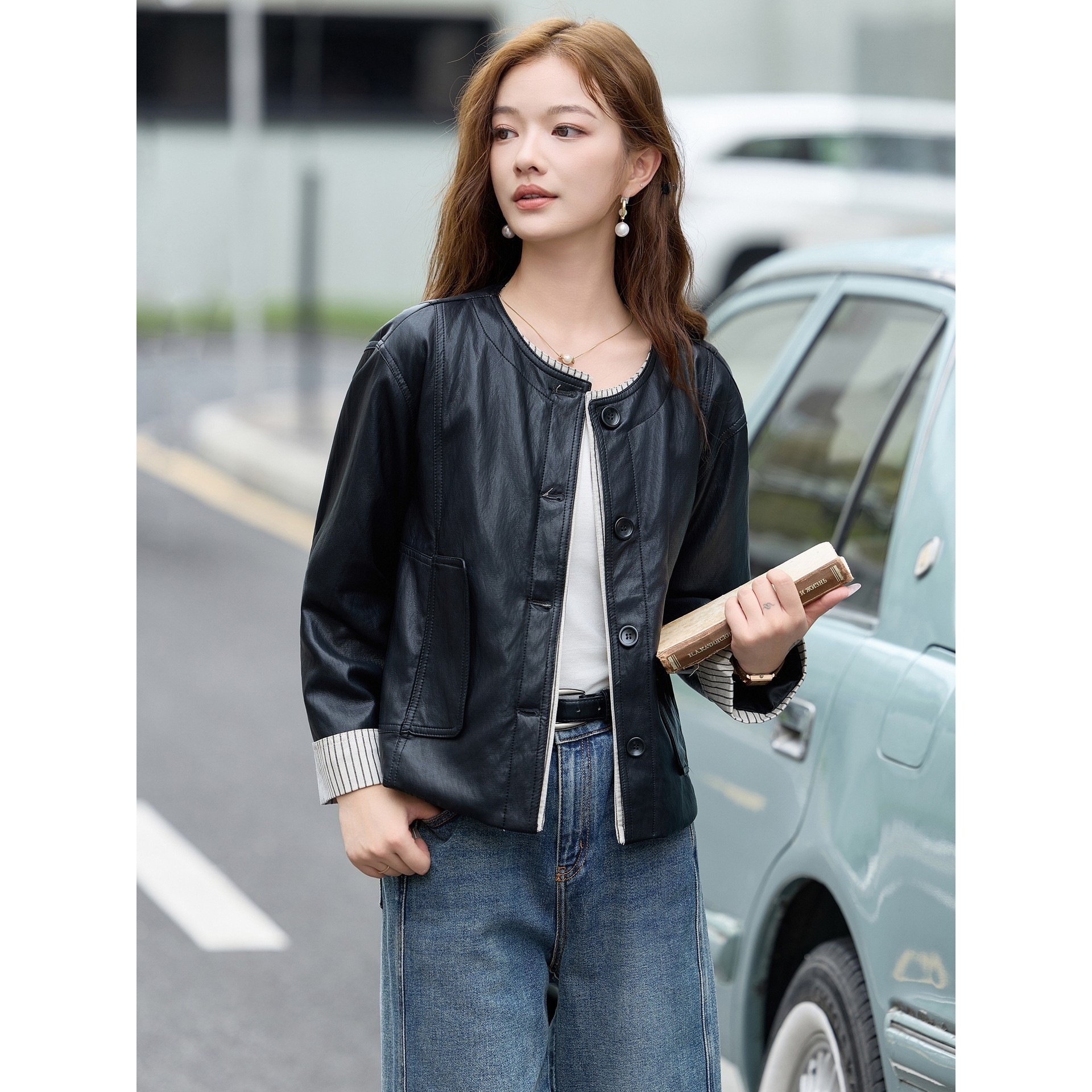 官网女装夏易菲休闲女皮衣2026秋季新款圆领单排扣pu宽松外套条纹,淘宝优惠券,粉丝福利购,淘宝优惠卷