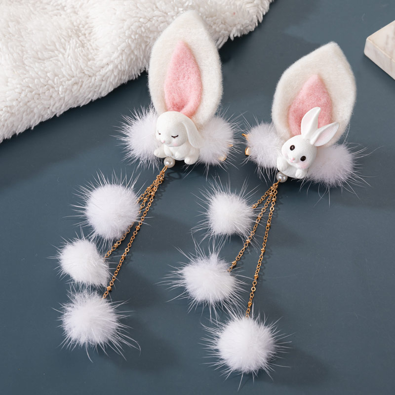 儿童发夹毛球小兔子耳朵汉服发饰 女童毛绒头饰 古代玉兔兔夹子 - 图1