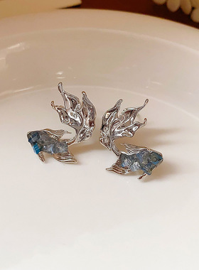 中古vintage蓝色花朵复古滴油耳环轻奢高级感饰品义乌工厂家批发