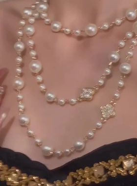 巴洛克镶钻花朵多层珍珠串珠项链法式优雅气质毛衣链高级感颈链女