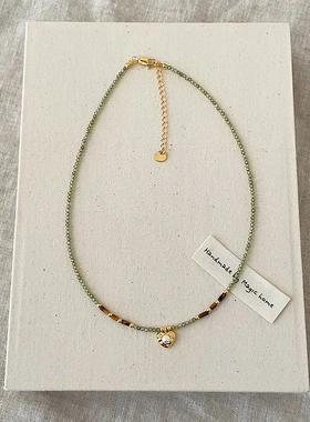 绿色水晶虎眼石串珠爱心项链女清新甜美时尚优雅百搭颈链锁骨链