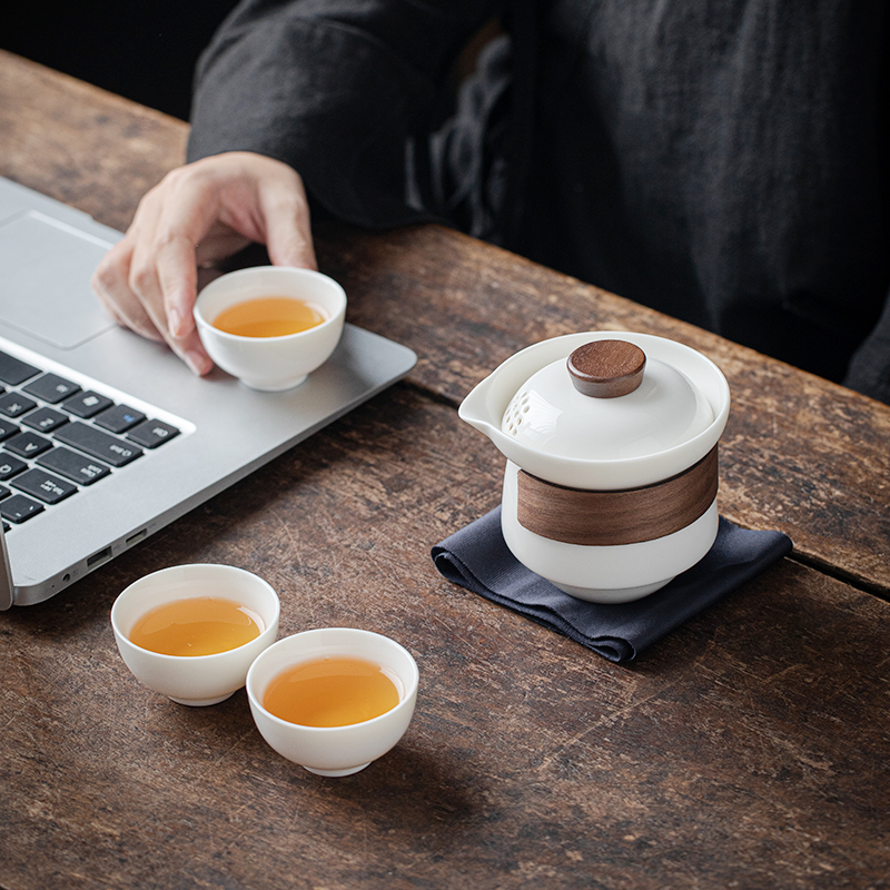 羊脂玉旅行茶具一壶三杯快客户外便携式泡茶杯功夫陶白瓷套装定制 - 图1