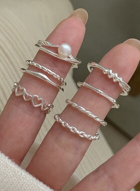 S925镀银简约风戒指女组合款麻花开口食指素圈戒熔岩小众设计指环