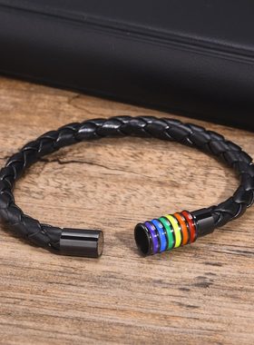 手镯钛钢PU皮革黑扣黑色皮首饰品