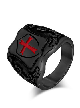 十字盾牌钛钢戒指复古镶贝壳方形