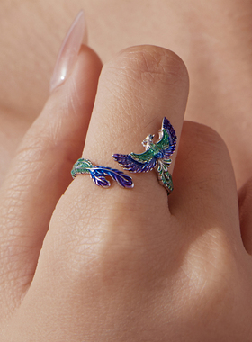 原创灵动凤凰开口戒指s925纯银优雅高贵珐琅羽翼戒指手饰小众轻奢