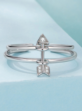 原创通体s925纯银情侣款戒指双环丘比特之箭开口戒指个性叠戴饰品