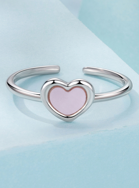通体s925纯银开口戒指首饰粉色爱心贝母开口戒指甜美少女心日常