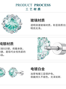 原创小清新绿色四叶草螺纹耳钉耳扣通体s925纯银四爪幸运耳饰精致