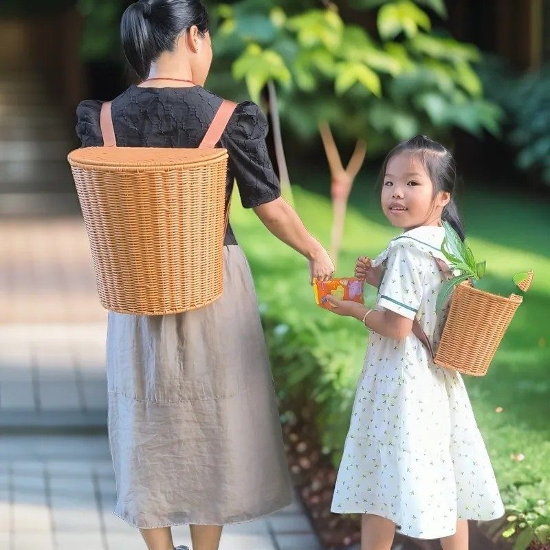 儿童双肩舞蹈道具背箩筐小号仿藤手工编织采摘茶叶圆形特大号买菜,淘宝优惠券,粉丝福利购,淘宝优惠卷