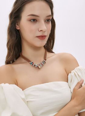 Desigual饰品复古皮绳蛇形满钻镶嵌奥地利水晶项链女