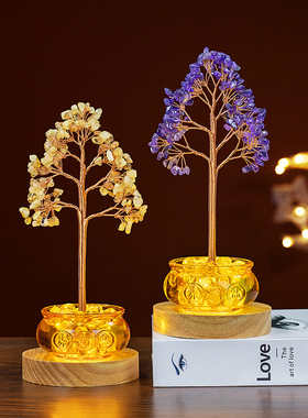 天然黄水晶发财树聚宝盆招财聚财摆件家用旺宅店铺开业办公室高档