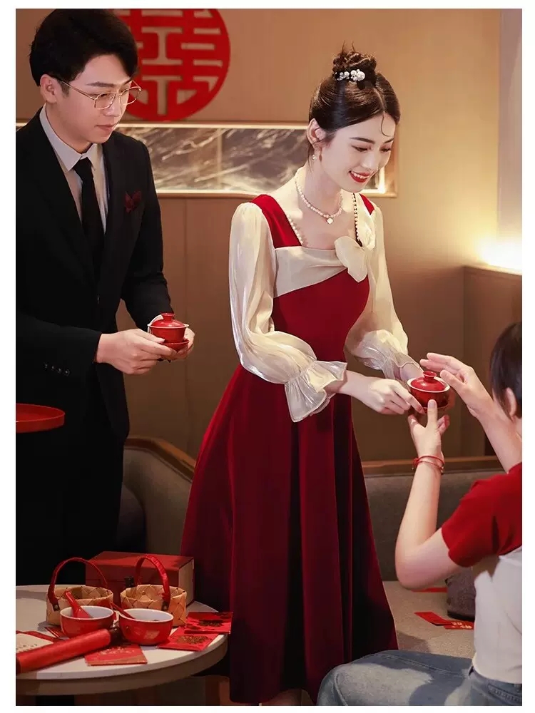 小个子新娘敬酒服2024春秋订婚结婚连衣裙红色显瘦晚礼服平时可穿 - 图2