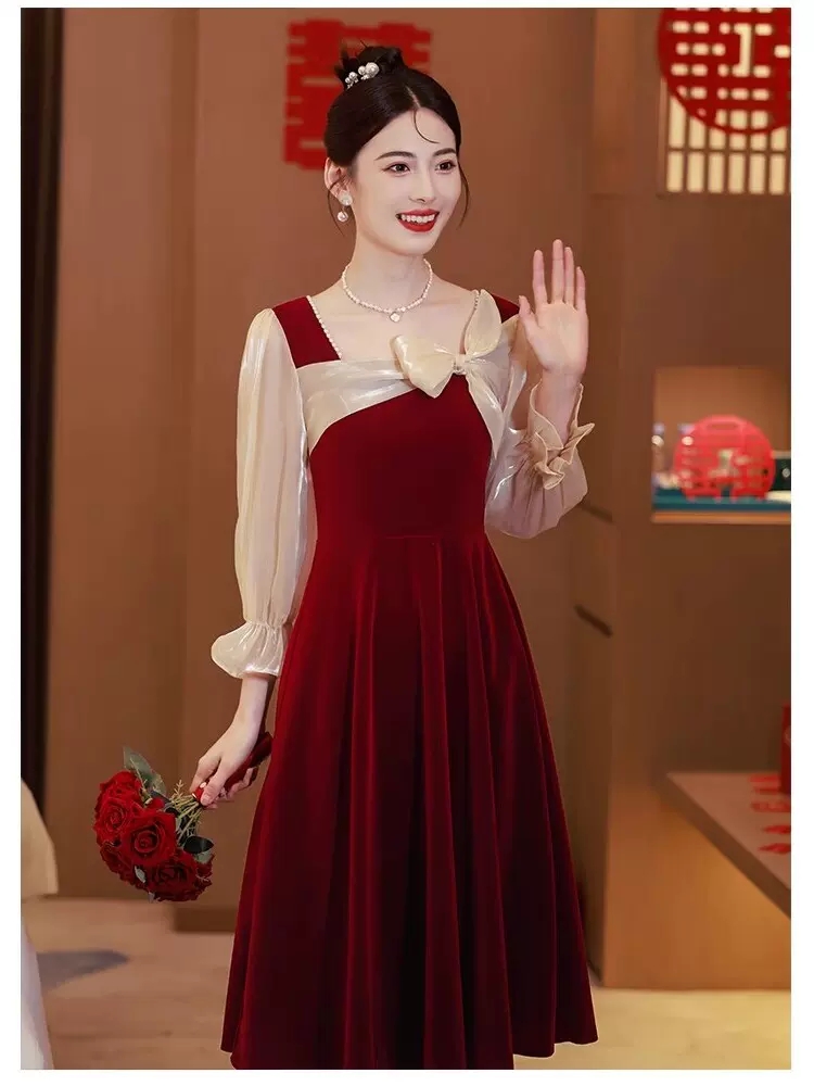 小个子新娘敬酒服2024春秋订婚结婚连衣裙红色显瘦晚礼服平时可穿 - 图3