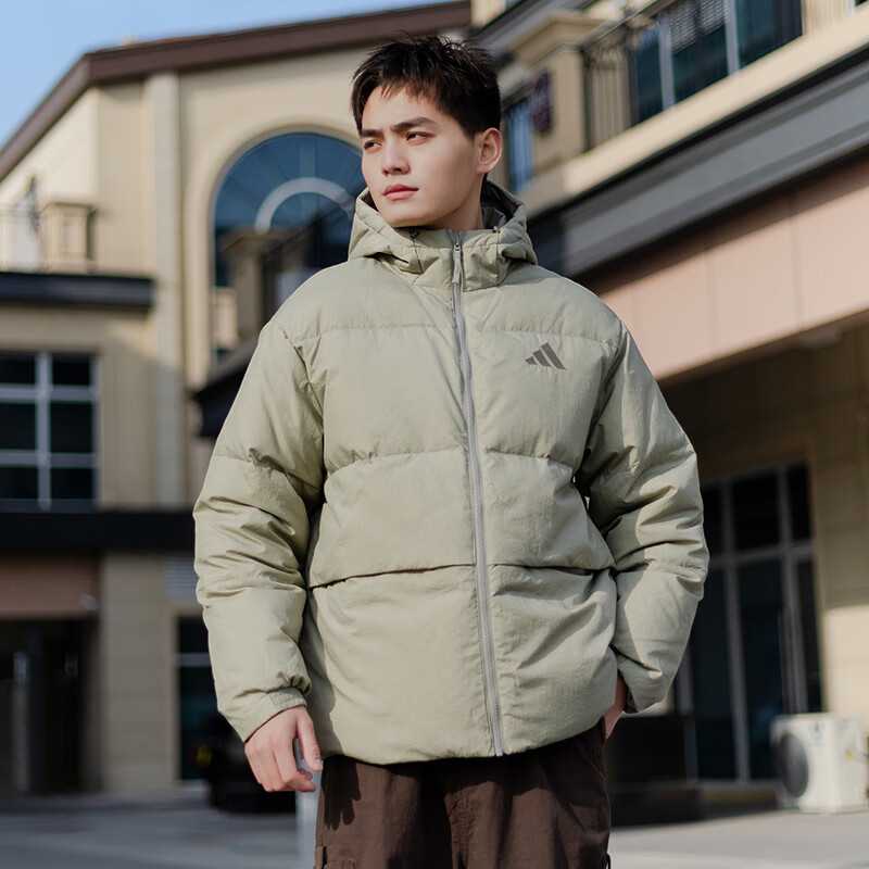 阿迪达斯羽绒服男装冬季新款鸭绒面包服绿色连帽加厚外套JM4625 - 图0