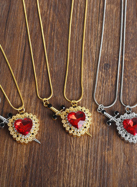 一剑穿心镶钻情侣款爱心项链一对