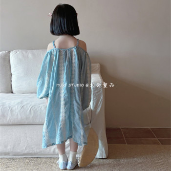 Muxi Children's 2024 Spring and Summer Version Korean Girls Forest Style Off-Shoulder Blue Embroidered Dress Lantern Sleeve Princess Long Dress