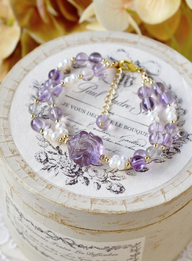 原创设计轻奢古风三月诞生石海蓝宝玫瑰花珍珠925银镀金手链女生