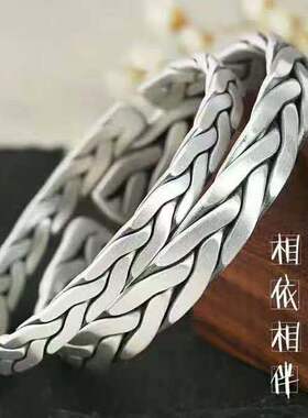s999纯银手镯手工打造编织开口足银男女手环复古潮情侣银镯子手饰