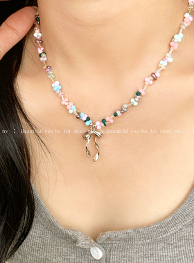 柏林少女彩色水晶串珠蝴蝶结项链