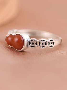 苏念 S925银戒指 简约时尚古钱币南红葫芦可调节女戒饰品银指环
