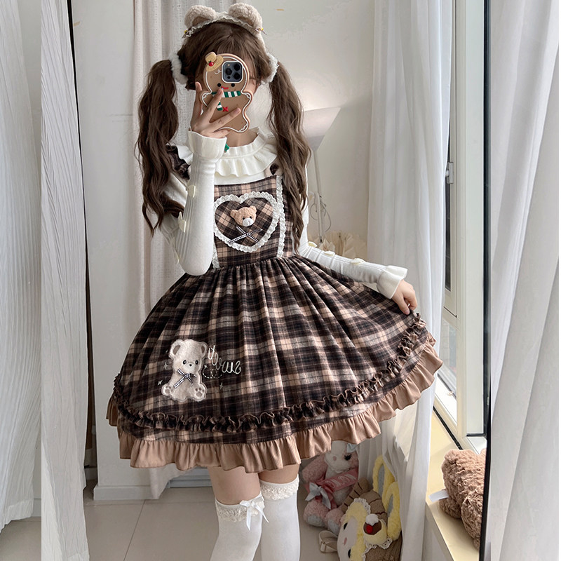原创  珍珠小熊  秋冬咖色美拉德森女系复古Lolita格纹吊带裙,淘宝优惠券,粉丝福利购,淘宝优惠卷