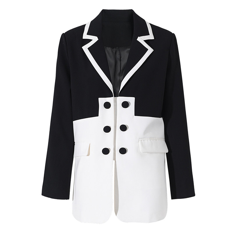 EAM STUDIO炸街黑白撞色拼接设计感宽松西装外套女春秋中长款西服,淘宝优惠券,粉丝福利购,淘宝优惠卷