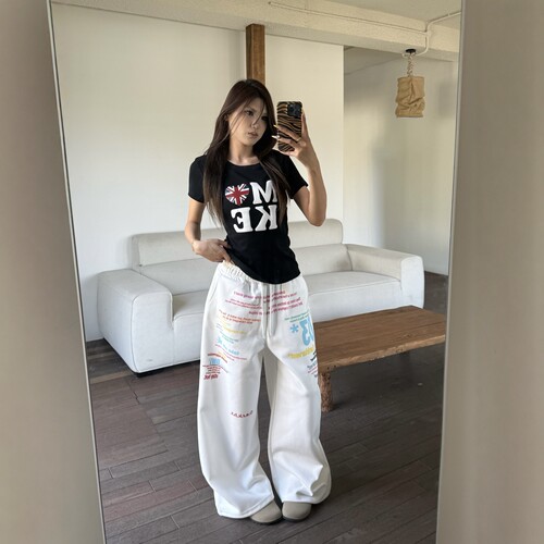 DHSS美式彩色字母印花直筒休闲裤男女宽松阔腿拖地运动百搭长裤 - 图1