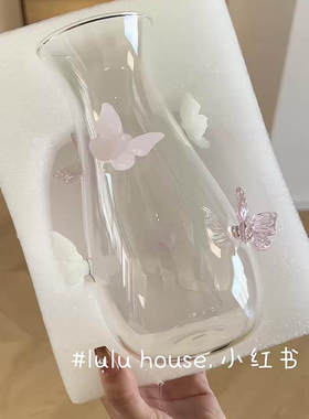 可爱立体蝴蝶花瓶透明凉水壶高硼硅玻璃醒酒瓶客厅桌面装饰品摆件