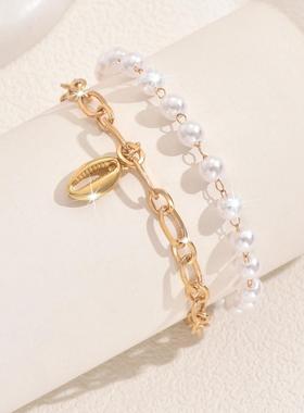 欧美热销饰品 复古优雅气质间隔珍珠手链 双层镂空双层叠带手链女