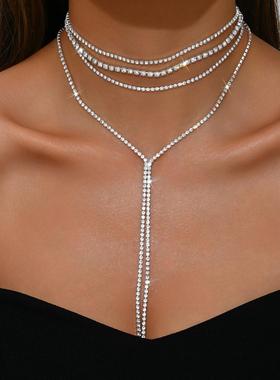 热销欧美跨境饰品简约长款蛇骨链条颈链冷淡风设计感素链流苏项链