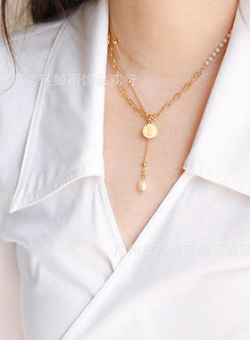 女王圆形金币钱币流苏淡水珍珠拼接项链韩国 钛钢镀金