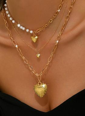 欧美跨境饰品 气质多层爱心链条珍珠可开盖桃心吊坠项链女 ins风