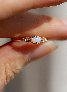 梦幻日系工厂流光溢彩人造仿欧泊925纯银厚镀金戒指女