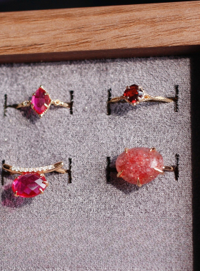 日系七月诞生石刚玉红宝石草莓晶天然石榴石aget*925银镀金戒指