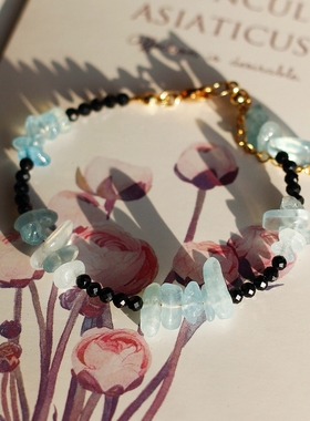 ET unique原创天然3月诞生辰石海蓝宝黑尖晶美国包金叠戴复古手链