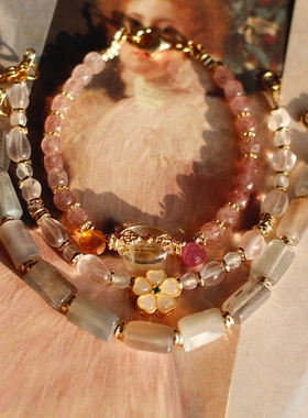 爱情正缘草莓晶黄水晶红宝石14k包金旺桃花设计脱单原创设计手链