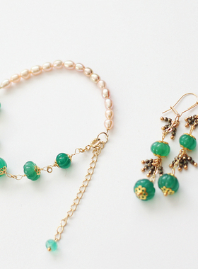 珍珠绿玛瑙14k包金手链耳环