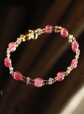 原创设计7七月诞生辰石天然红宝石坦桑石14k包金设计感手链