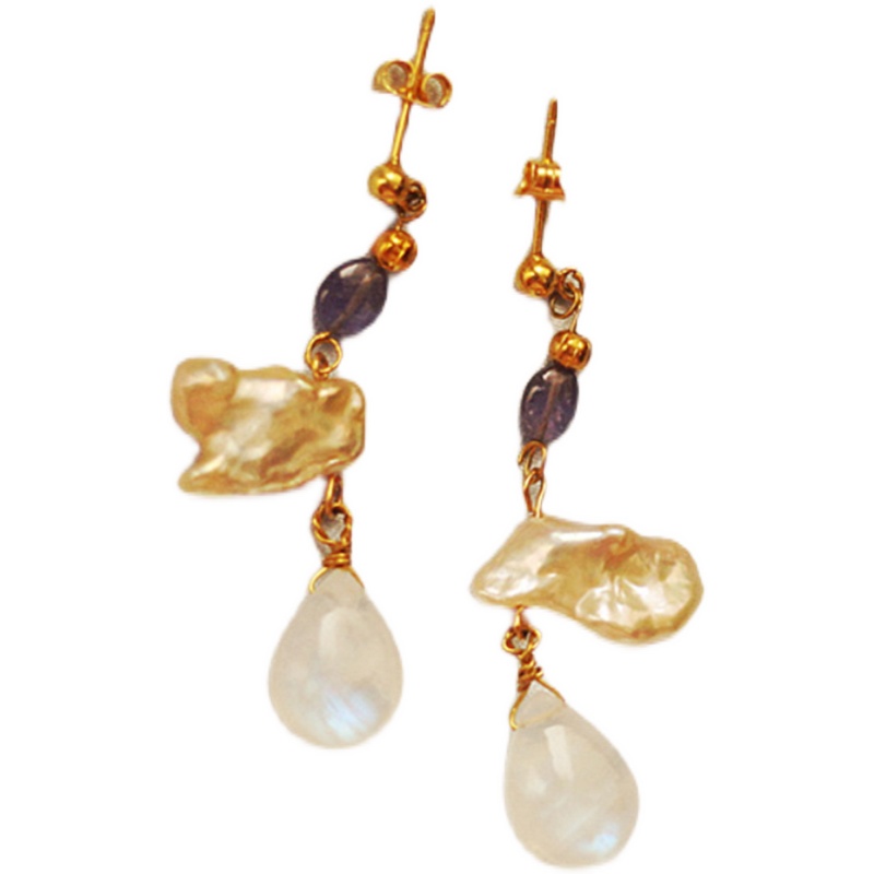 原创设计天然6月光石诞生辰石巴洛克珍珠14k注包金agete耳环耳夹 - 图3