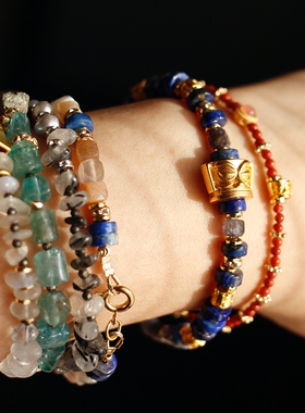 ET新中式三星堆面具天然青金石榴石草莓晶包金原创新年红爱情手链