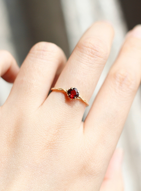 日系七月诞生石刚玉红宝石草莓晶天然石榴石aget*925银镀金戒指